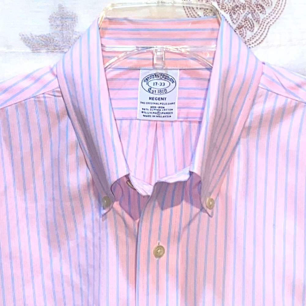 MEN BROOKS BROTHERS REGENT ORIGINAL POLO SHIRT PINK/BLUE LONG SLV SZ 17-33